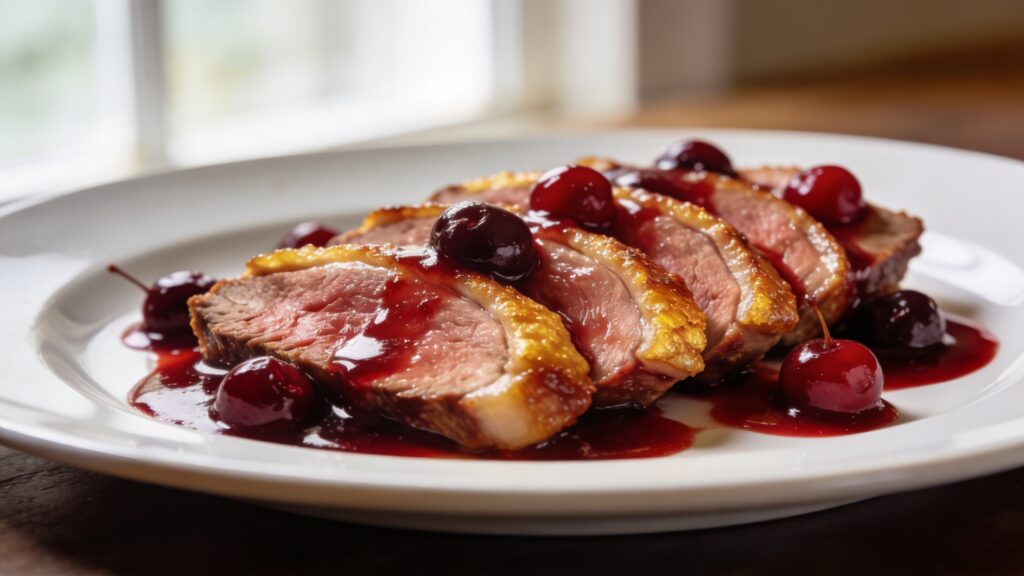 Seared duck breast with glossy sour cherry pan sauce