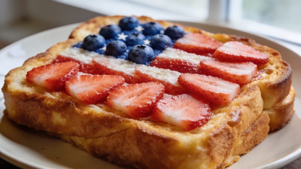 Thick sliced French toast topped with strawberries and blueberries arranged in flag formation
