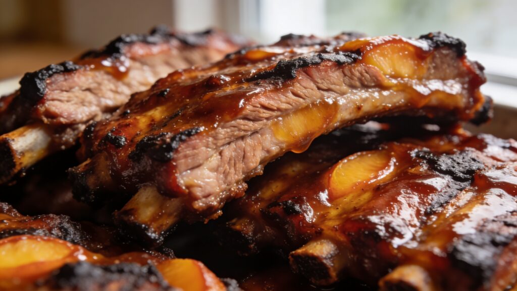 Baby back ribs with peach bourbon glaze on a grill