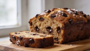 Moist chocolate chip banana bread loaf on a cooling rack with dark chocolate chips and flaky salt on top