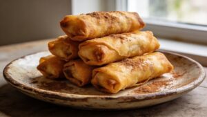 Golden fried apple pie egg rolls dusted with cinnamon sugar on a plate