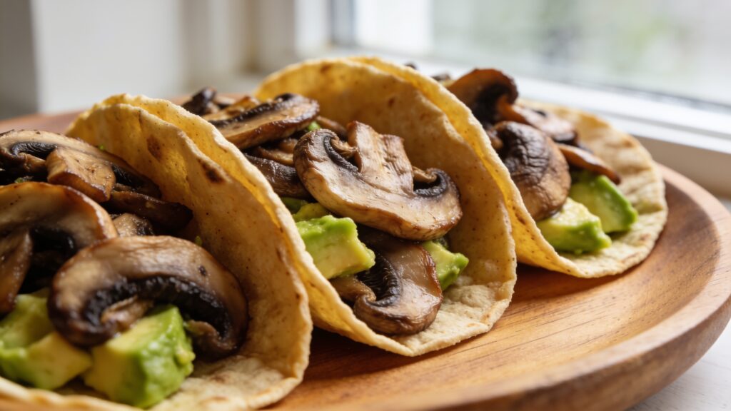 Viral oyster mushroom tacos on a plate with toppings