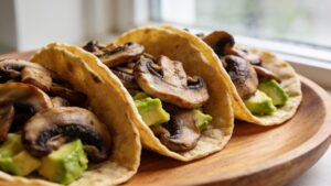 Viral oyster mushroom tacos on a plate with toppings