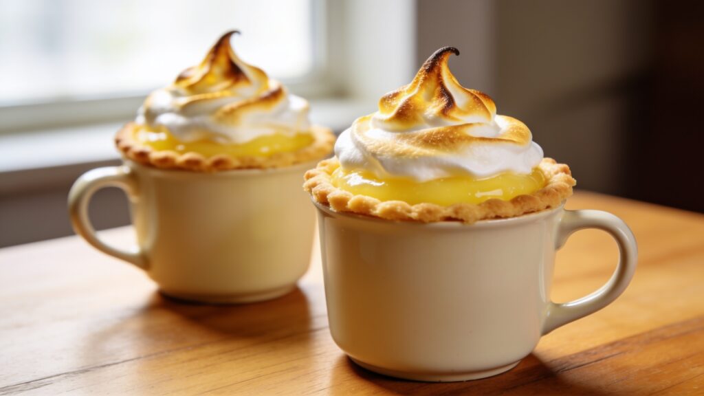 Two microwave lemon meringue mug pies with golden torched meringue on a wooden board