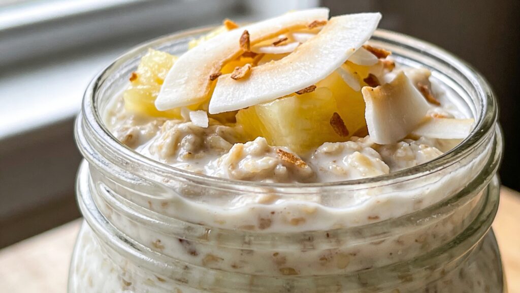 Jar of no-cook coconut pineapple overnight oats topped with toasted coconut and fresh pineapple