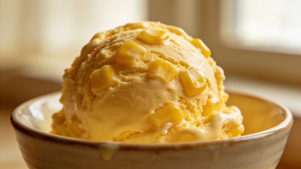 Golden sweet corn ice cream scoops in a bowl with corn kernels