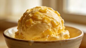 Golden sweet corn ice cream scoops in a bowl with corn kernels