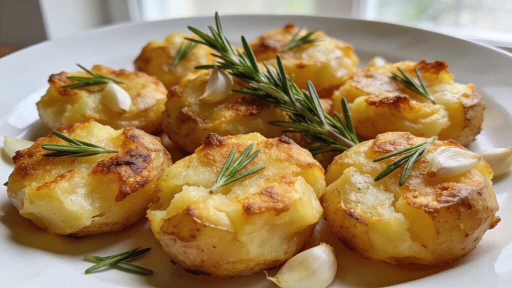 Golden crispy smashed potatoes with garlic and herbs on a serving plate