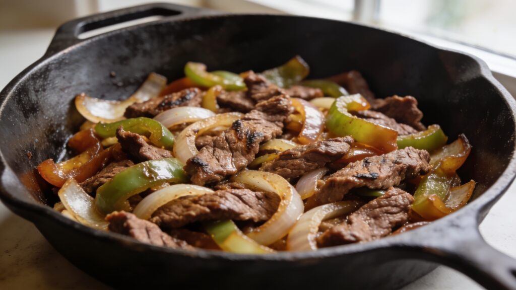 Juicy beef fajitas with caramelized peppers and onions on a platter