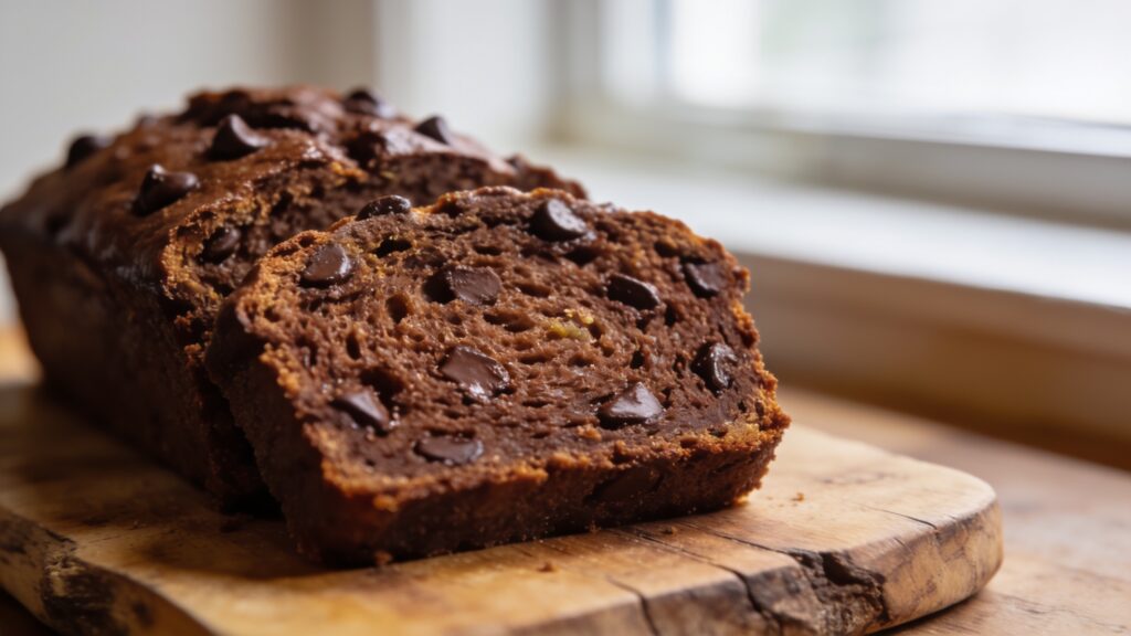 Sliced chocolate zucchini bread loaf on a wire rack with a knife beside it