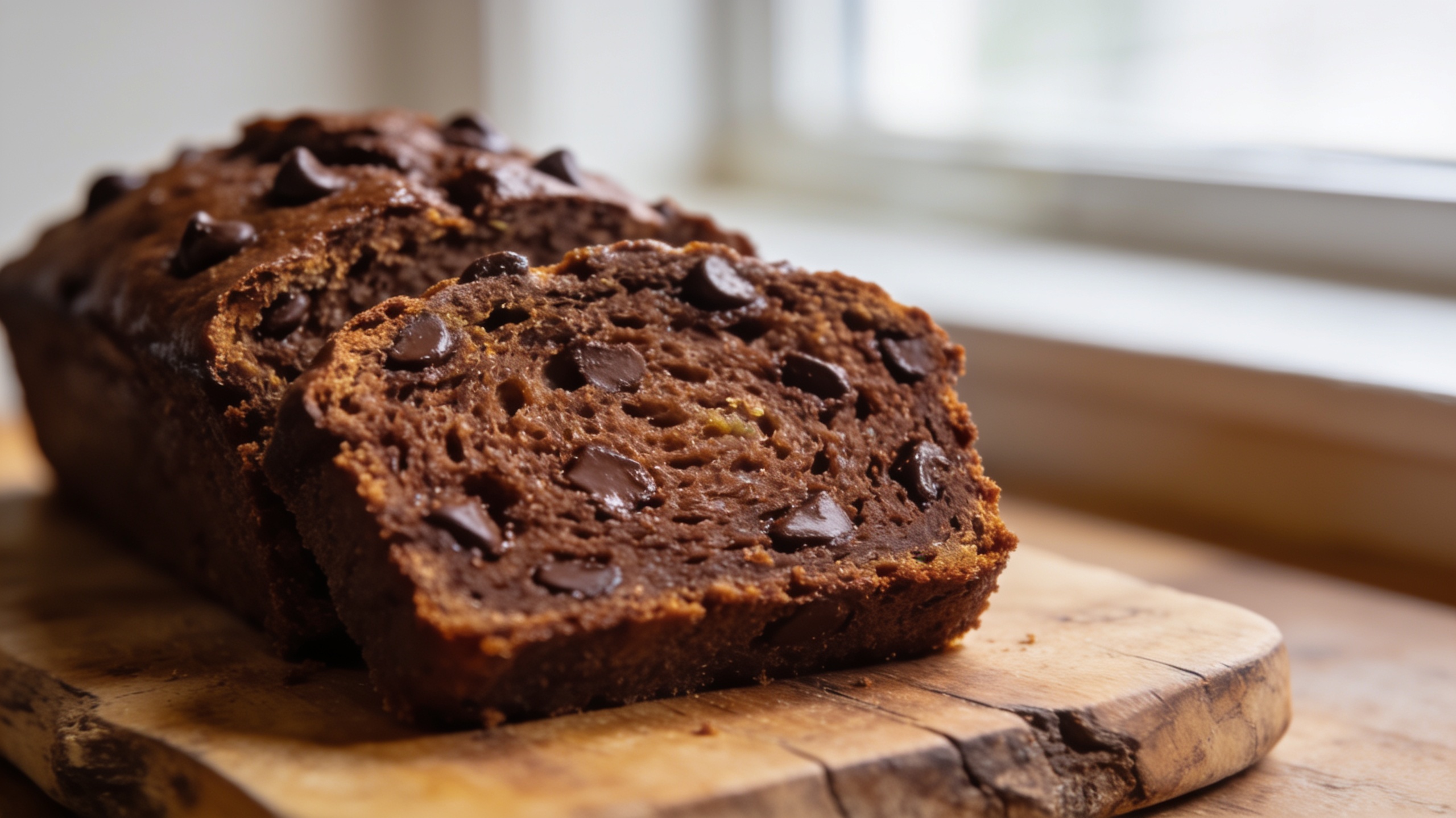 Sliced chocolate zucchini bread loaf on a wire rack with a knife beside it