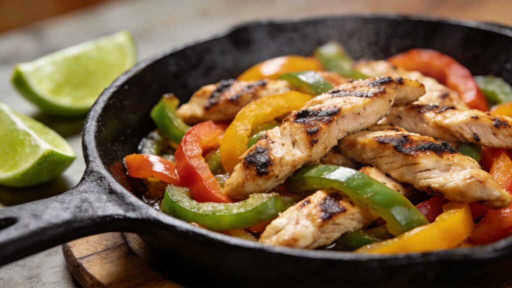 Sizzling chicken fajitas on a hot cast-iron skillet with bell peppers and onions