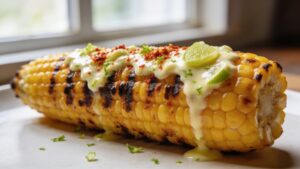 Four grilled corn recipes including elote, chili lime, herb butter, and parmesan pepper corn on the cob arranged on a wooden platter
