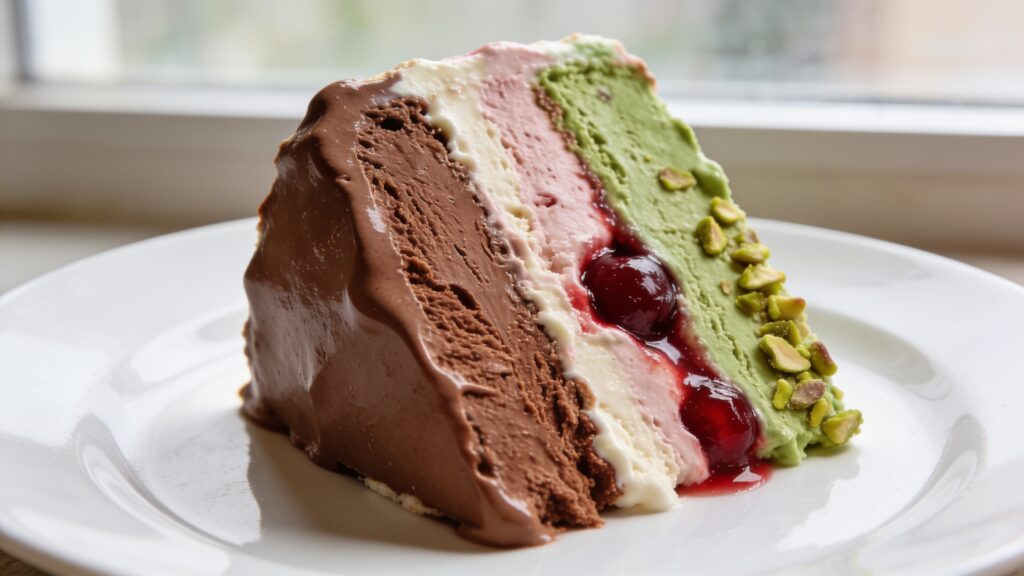 A bowl of light spumoni nice cream with cherry, pistachio, and chocolate swirls