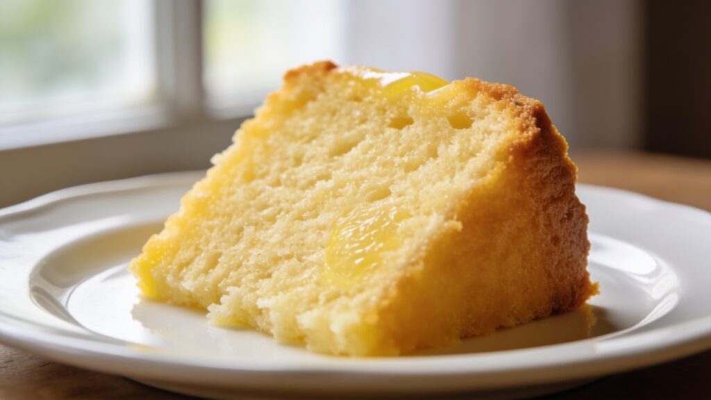 Light and airy lemon sponge cake on a cake stand, decorated with lemon slices and powdered sugar