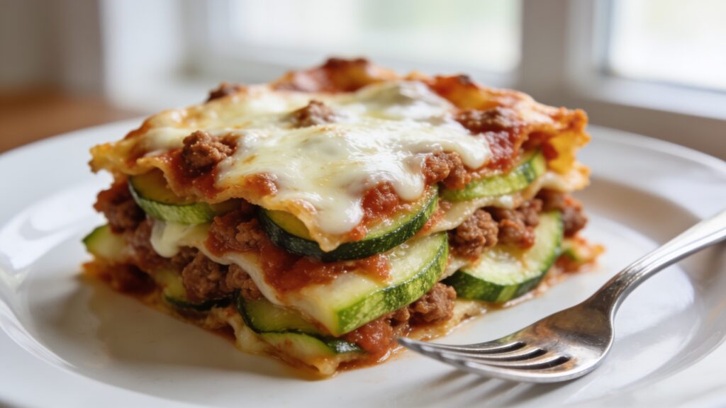 Baked zucchini lasagna in a white baking dish with golden bubbly cheese on top