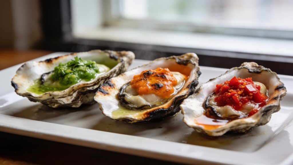 Home Grilled oysters on the half shell topped with three gourmet butter sauces on a wooden platter