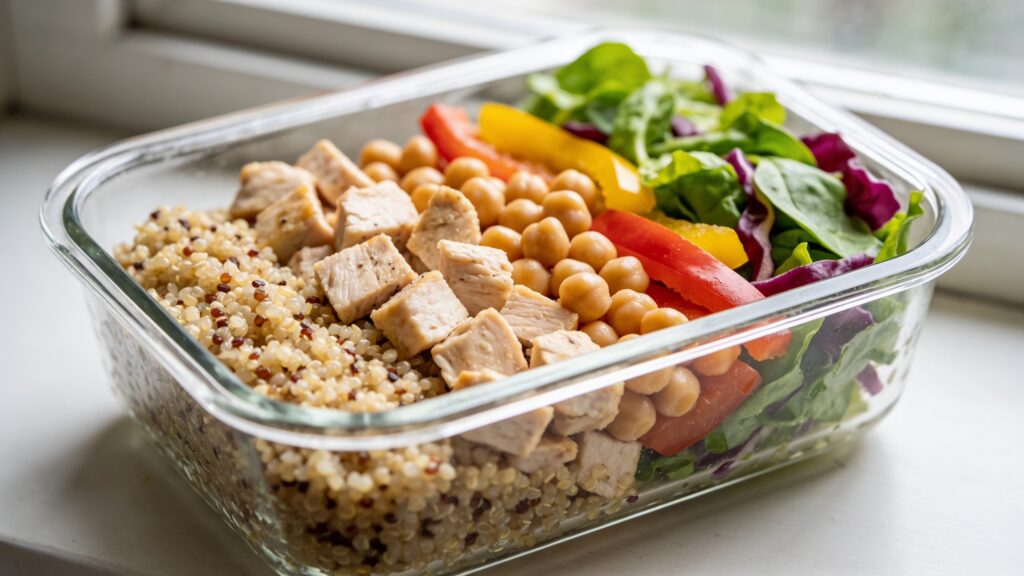 Five colorful high-protein lunchboxes arranged on a table, each with a different protein-rich meal for school days