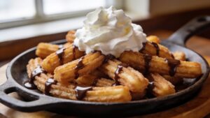 Churro fajita dessert sizzler on a hot cast iron skillet with chocolate sauce drizzle and whipped cream