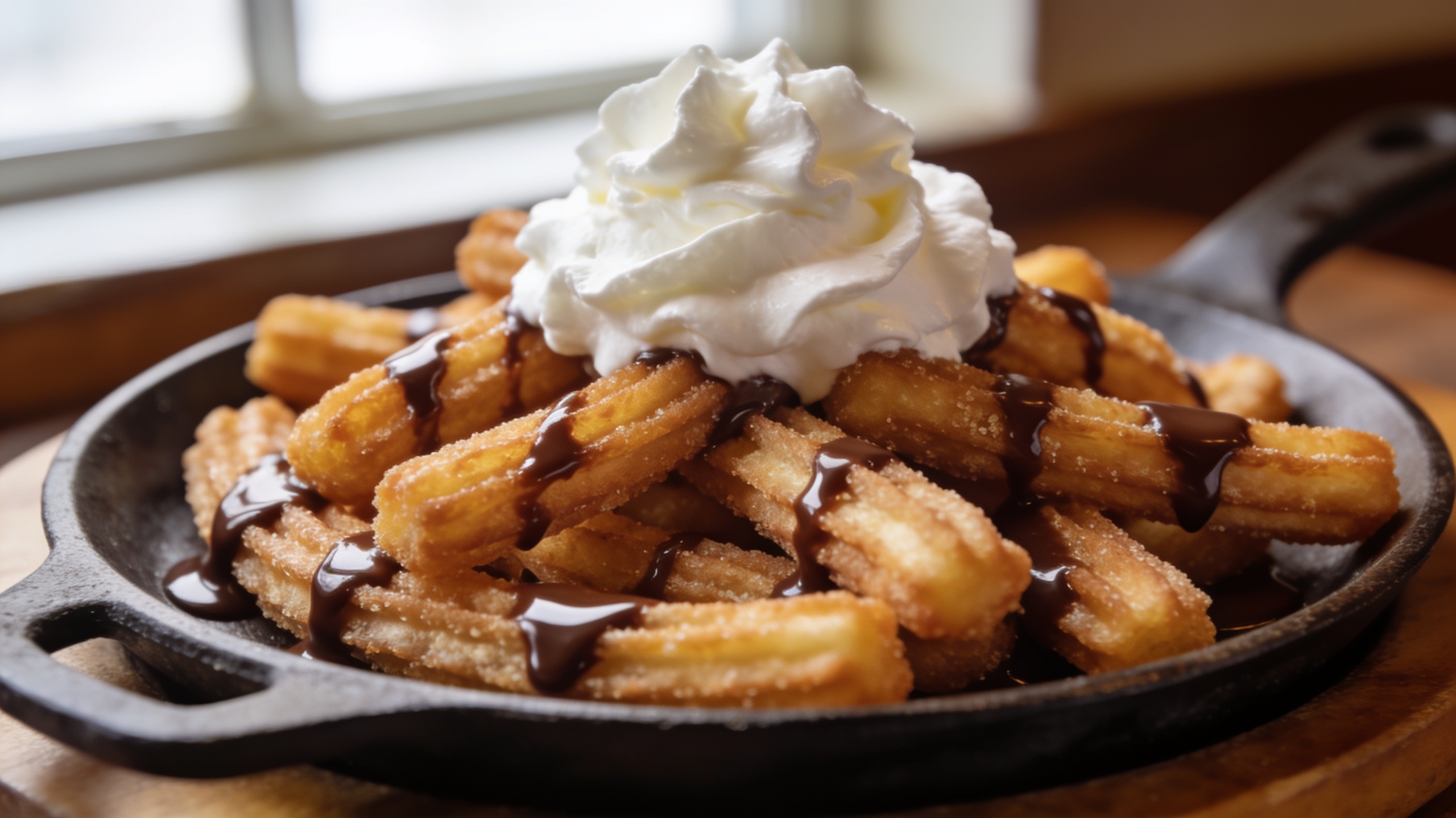 Churro fajita dessert sizzler on a hot cast iron skillet with chocolate sauce drizzle and whipped cream