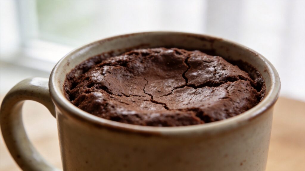 Finished quick chocolate mug cake in a ceramic mug, topped with powdered sugar and chocolate sauce