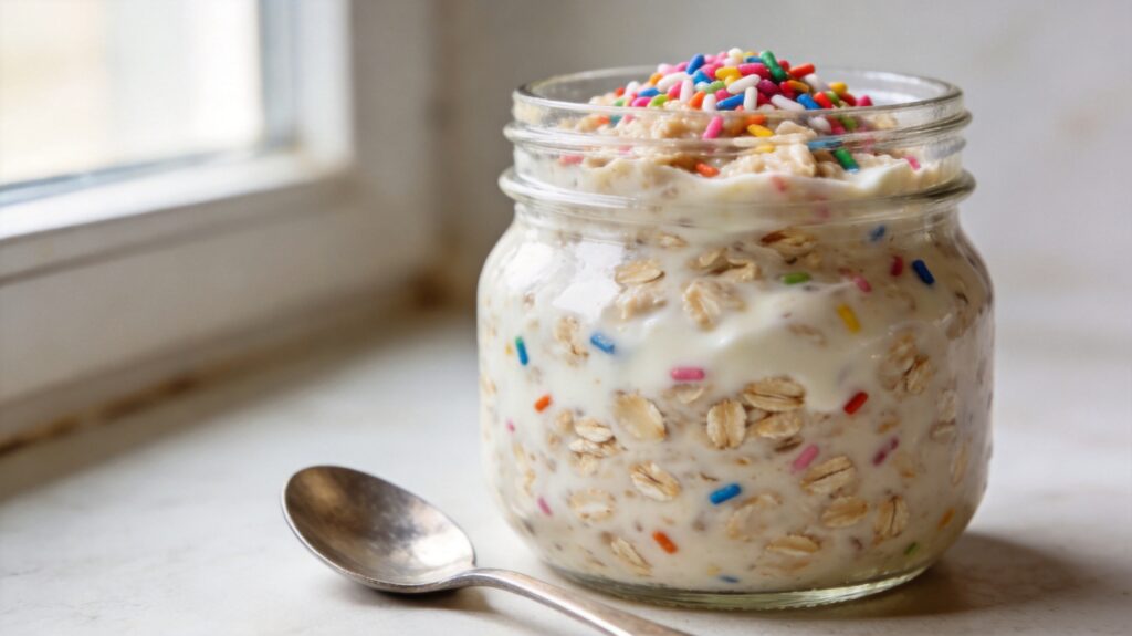 Jar of sugar cookie overnight oats with vanilla and almond
