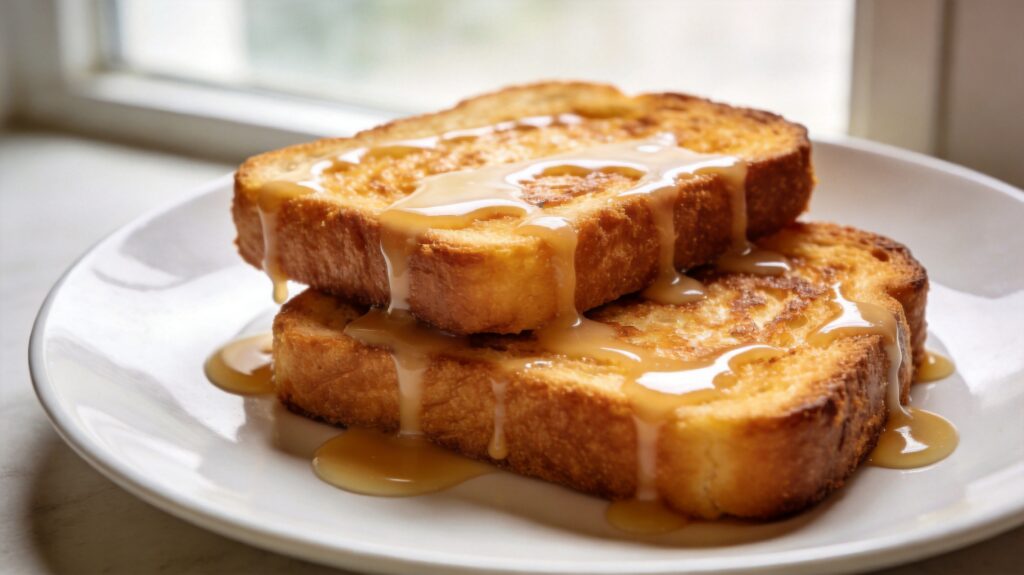 Golden brown French toast with vanilla sugar glaze on a plate