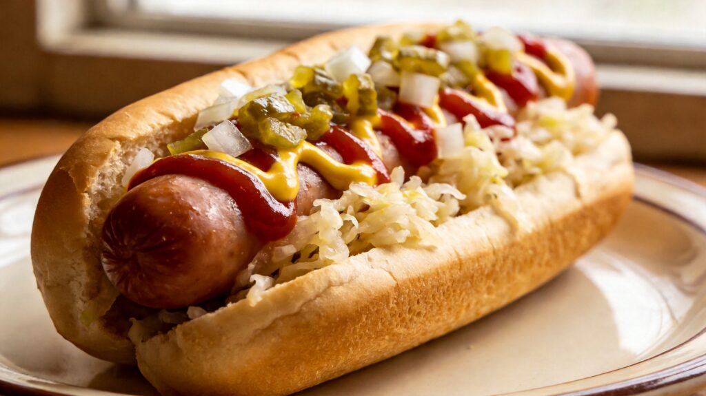 A spread of boiled hotdogs with various toppings arranged on a board for customization