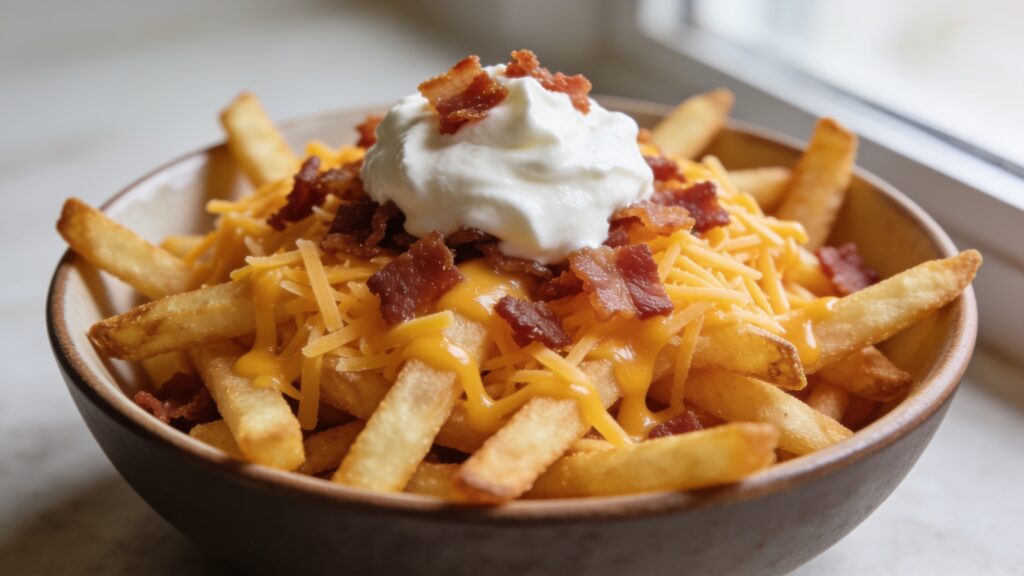 Loaded julienne fry bowls with melted cheese, sour cream, and bacon crumbles