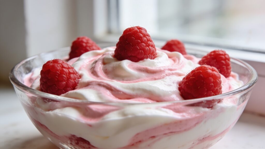 A beautiful glass dessert cup filled with layers of creamy white fool and vibrant red raspberries, topped with fresh berries and mint garnish.