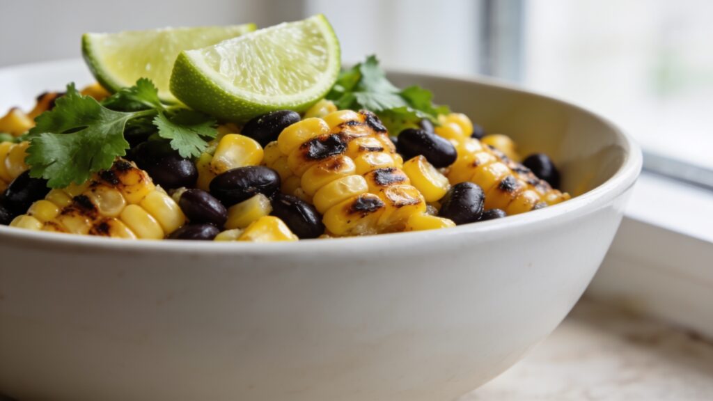 Bowl of grilled corn and black bean salad with lime dressing, fresh cilantro, and avocado slices