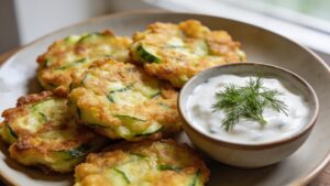 Stack of golden brown zucchini fritters with fresh herbs and a side of cool yogurt dipping sauce on a white plate