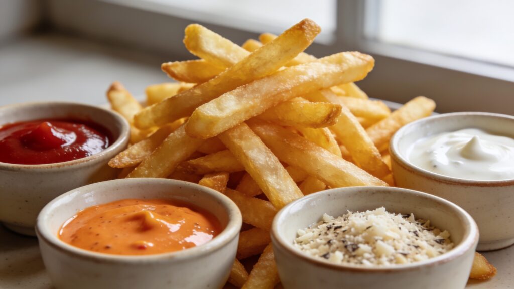 Crispy julienne fries arranged on a plate with four dipping sauces