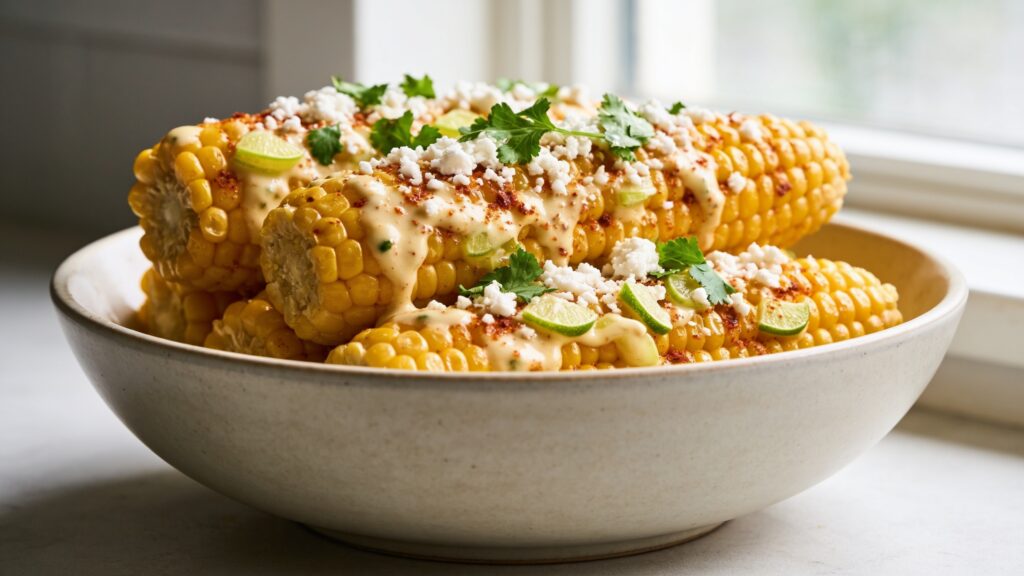 Bowl of creamy Mexican street corn with cotija cheese and chili powder