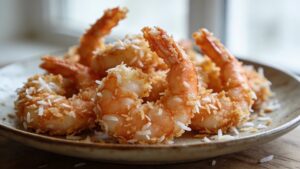 Crispy air fried coconut shrimp on a plate with dipping sauce