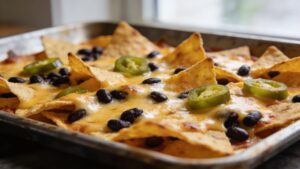 Sheet pan of loaded nachos with melted cheese, black beans, and jalapeños