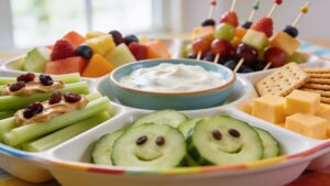 Colorful summer food platters arranged for kids featuring playful designs and fresh fruits