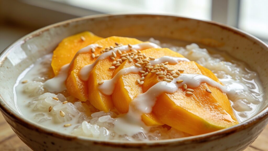 Creamy mango sticky rice pudding topped with fresh mango slices and coconut cream