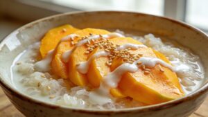 Creamy mango sticky rice pudding topped with fresh mango slices and coconut cream