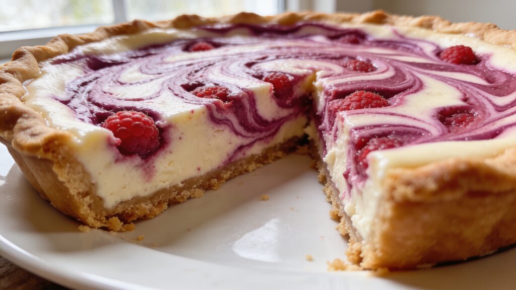 A stunning raspberry swirl cheesecake pie with marbled magenta pattern on a serving plate