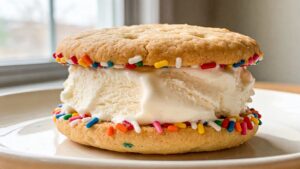 Sugar cookie ice cream sandwiches on a plate with colorful sprinkles