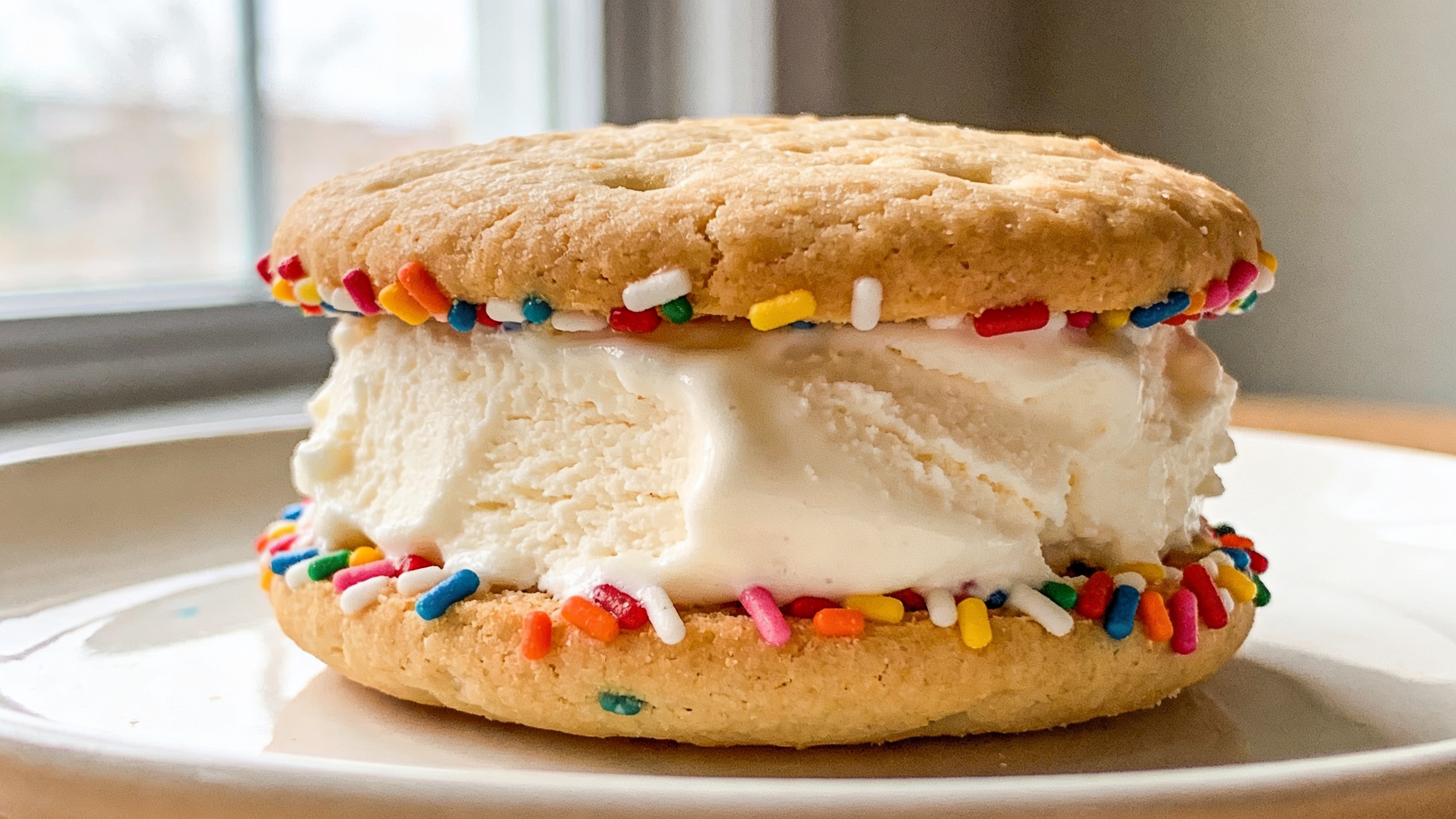 Sugar cookie ice cream sandwiches on a plate with colorful sprinkles