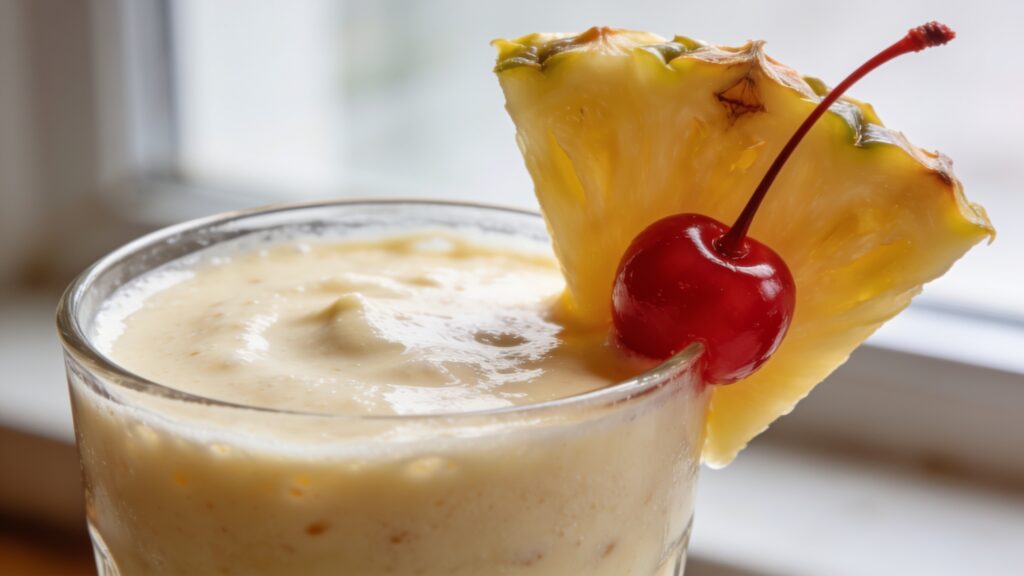 Creamy pina colada smoothie in a glass with pineapple chunks and coconut garnish