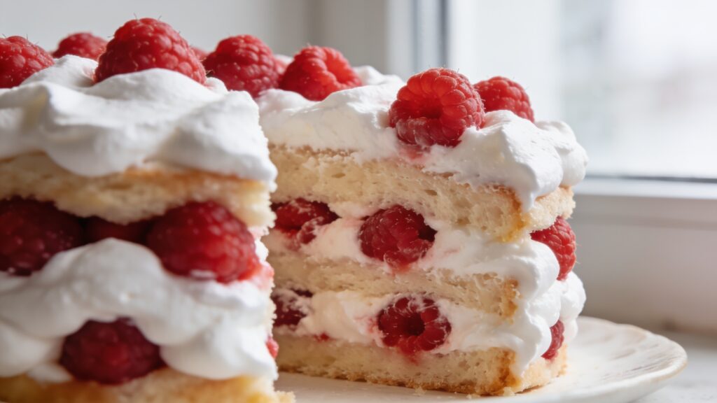 Dreamy pillowy raspberry cloud cake on a pastel plate with fresh raspberries and mint leaves