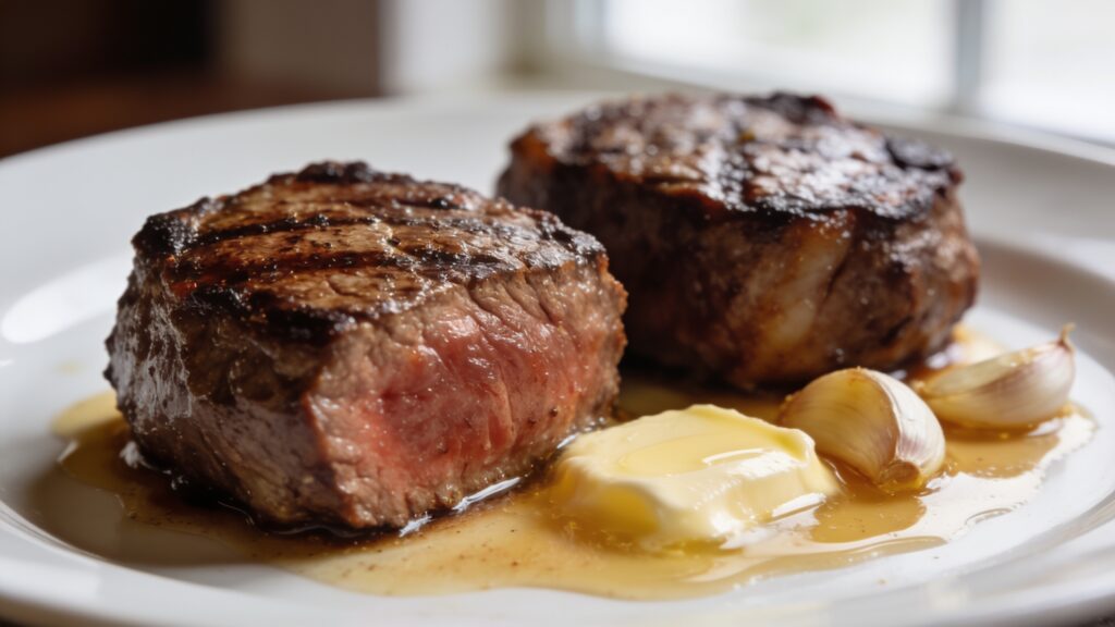 Pan-seared filet mignon with butter and herbs on a plate, perfectly cooked medium-rare