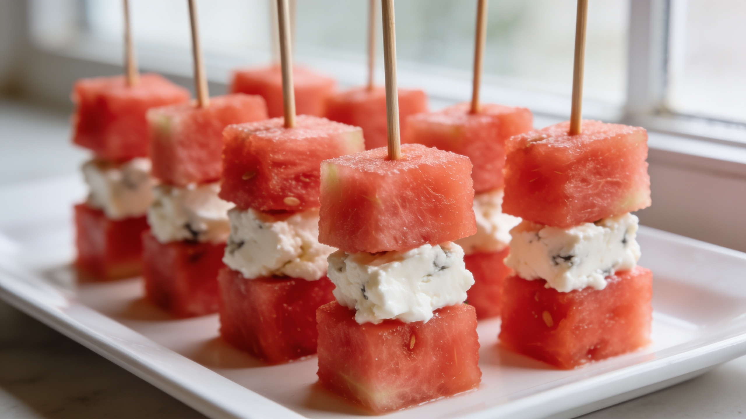 Watermelon feta skewers with fresh basil on a serving platter