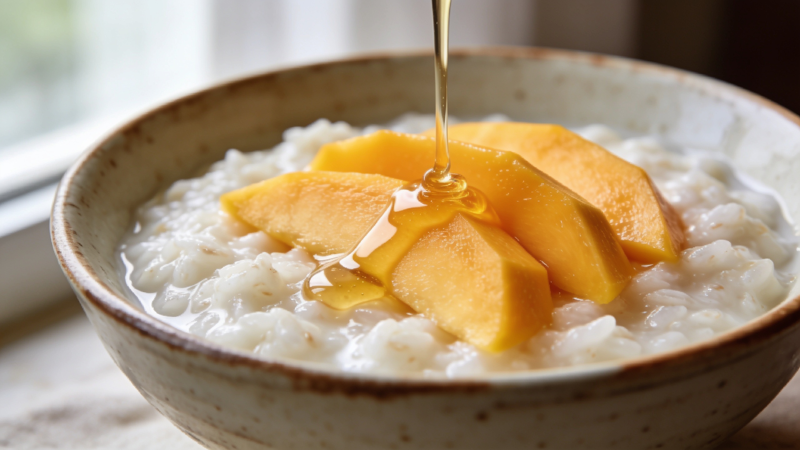 Bowl of creamy coconut rice pudding topped with fresh mango slices and a drizzle of honey