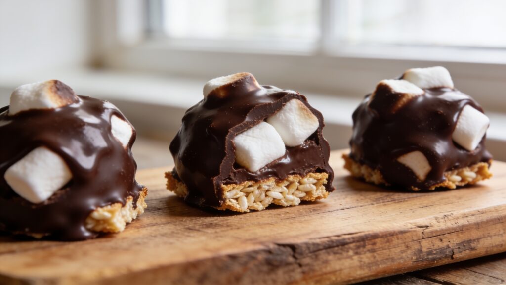 Three-ingredient skinny s'mores bites on a plate with dark chocolate, rice cakes, and mini marshmallows.