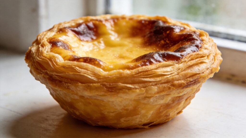 Flaky Portuguese custard tarts (pastéis de nata) with caramelized blistered cream on a baking sheet