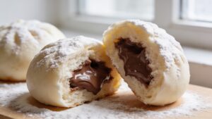 Fluffy dessert bao buns filled with warm Nutella custard and dusted with powdered sugar on a plate